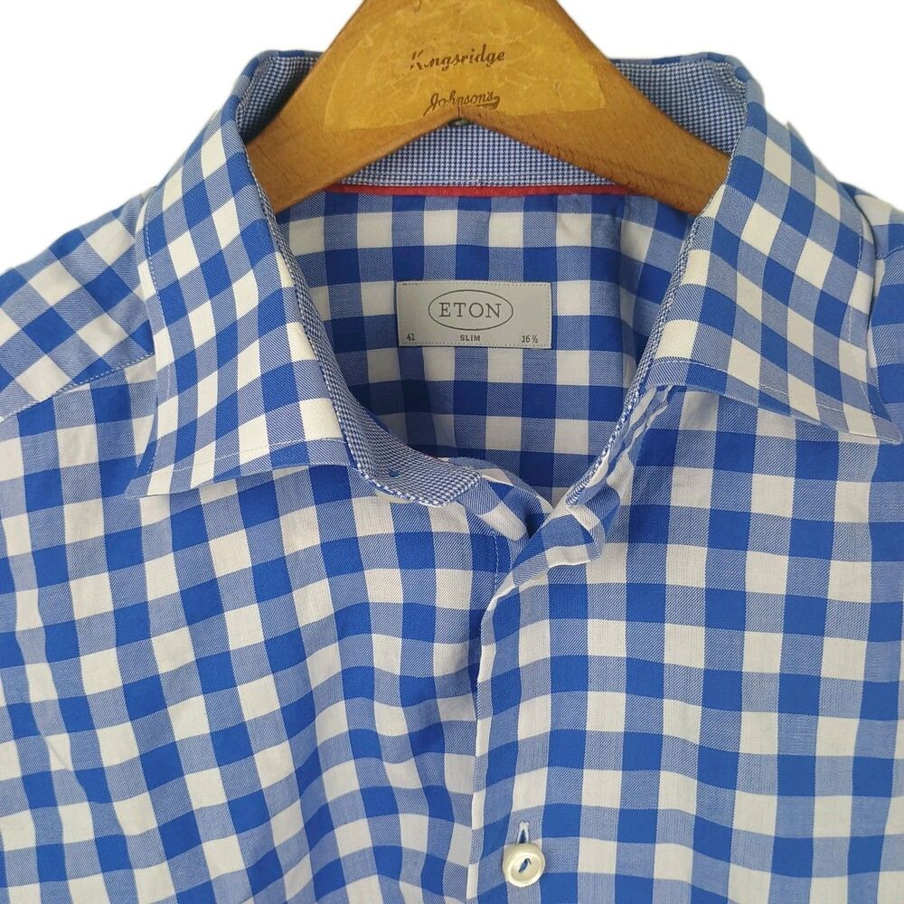 ETON Dress Shirt Men 16.5 Slim Blue Large Check Long Sleeve Flip Cuffs